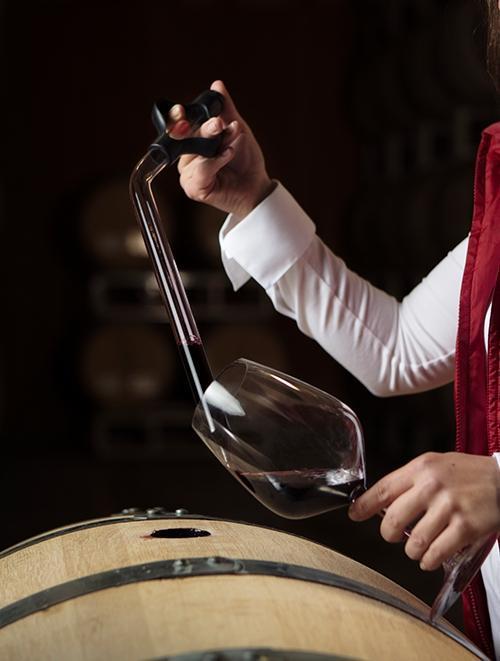 Person in a wine cellar using a wine theif